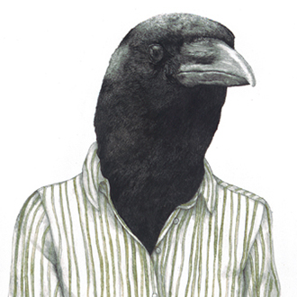 Pencil and watercolor drawing of a crow posed as a person